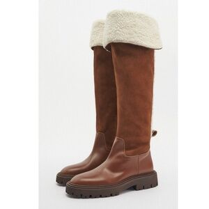 Zara Over-The-Knee Leather Boots with Fleece Trim